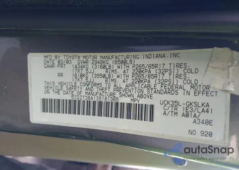 2003 Toyota Sequoia Limited V8 из США, поврежденный, VIN 5TDZT38A13S181365